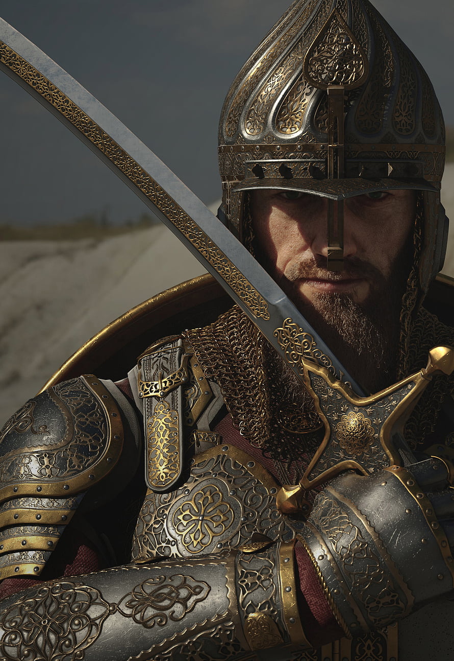 Ornate Medieval Knight in Intricate Gold and Steel Armor Holding a Curved Sword HD phone wallpaper