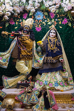 Radha and Krishna Temple Deities in Ornate Silk Garments with Floral Backdrop HD phone wallpaper