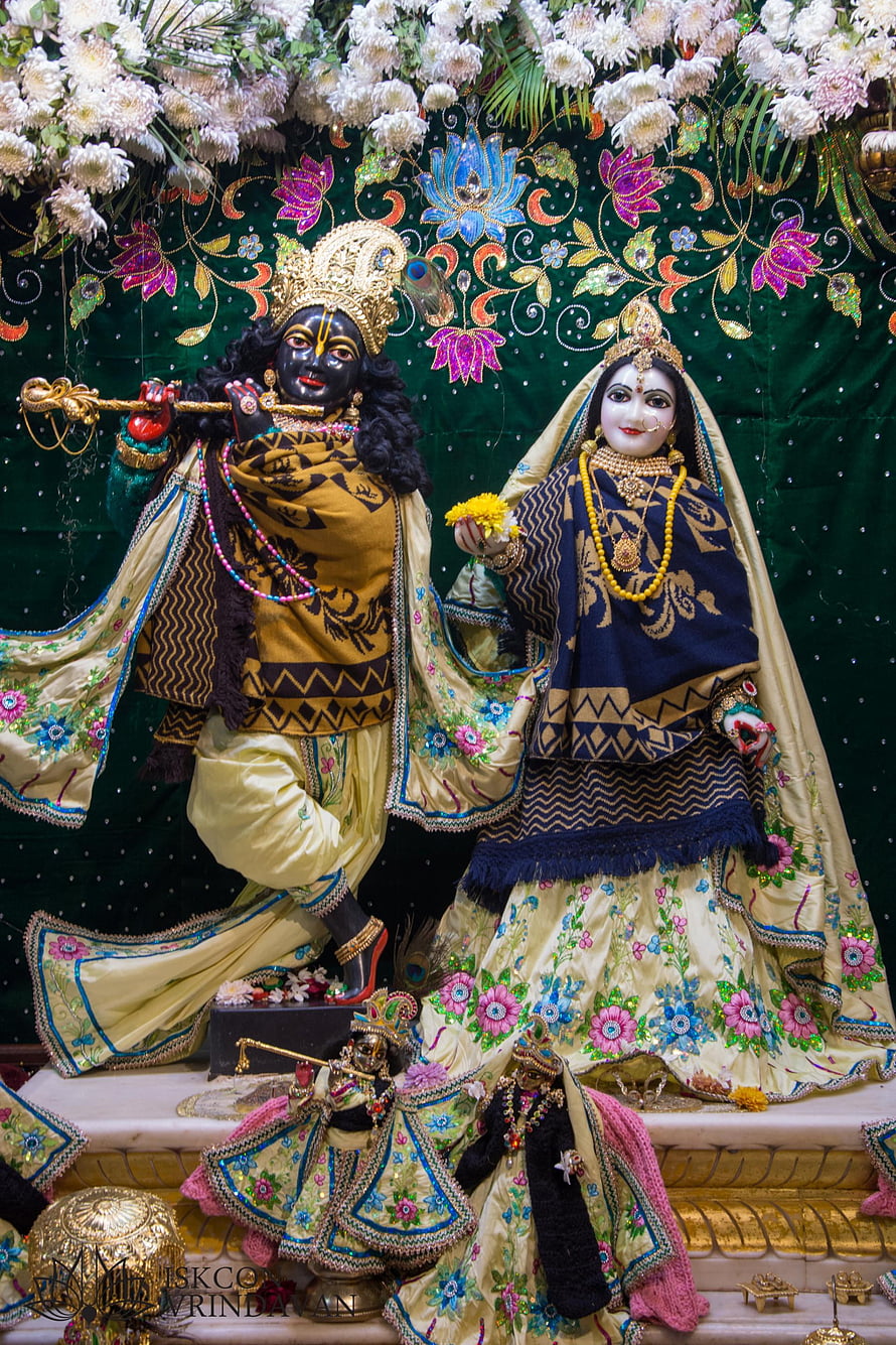 Radha and Krishna Temple Deities in Ornate Silk Garments with Floral Backdrop HD phone wallpaper