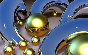 Abstract 3D Render of Glossy Gold Spheres and Blue Metallic Waves HD wallpaper