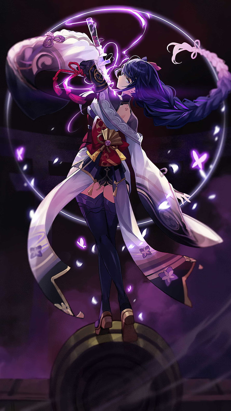 Raiden Shogun wielding Electro energy in a dynamic anime style illustration with purple glowing effects HD phone wallpaper