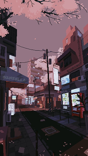 Pastel Pixel Art Japanese Street Scene with Cherry Blossoms and Urban Buildings HD phone wallpaper