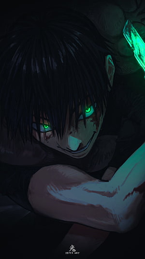 Dark Anime Character With Glowing Green Eyes And Bloody Smile HD phone wallpaper