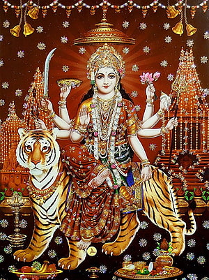 Sherawali Mata Riding Tiger with Sword and Trident in Traditional Indian Art HD phone wallpaper