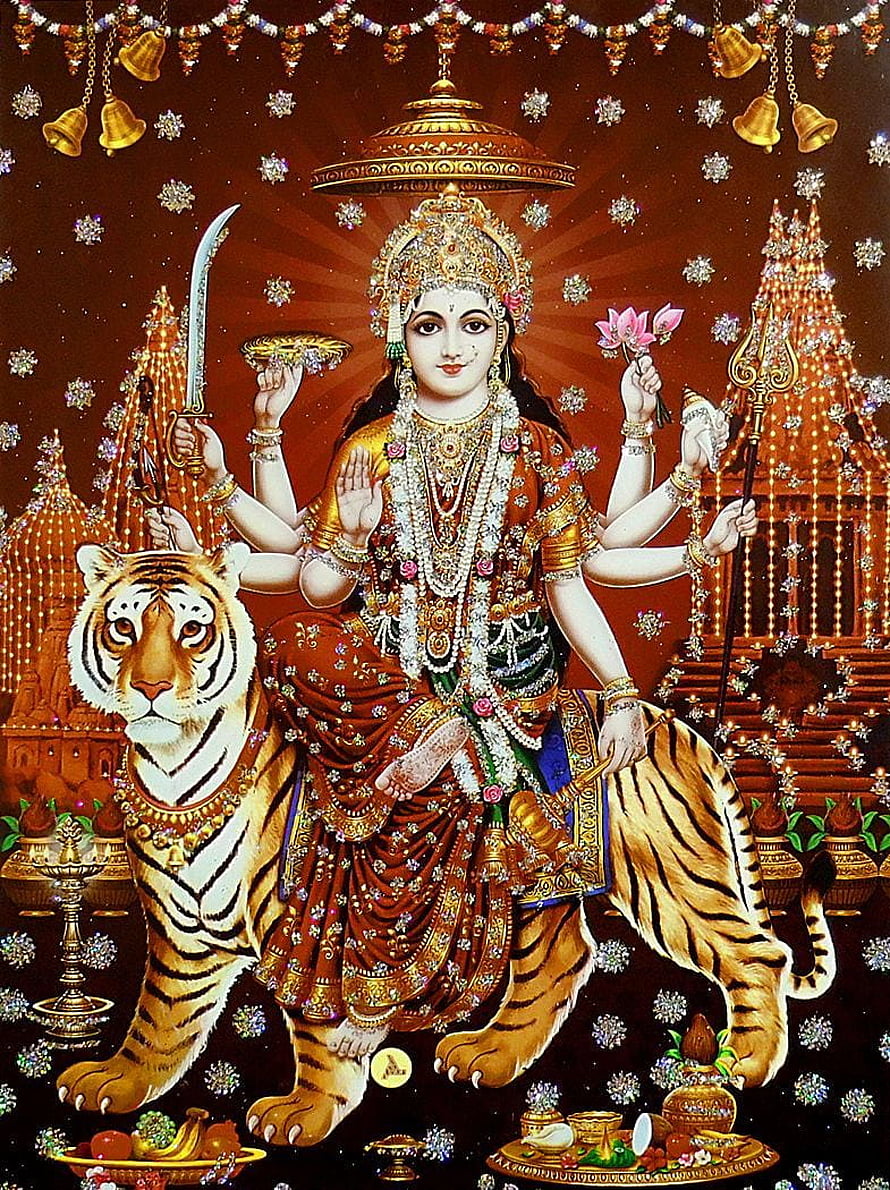Sherawali Mata Riding Tiger with Sword and Trident in Traditional Indian Art HD phone wallpaper