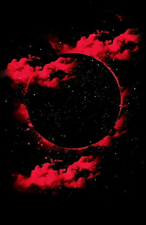 Dark Red Solar Eclipse With Cosmic Clouds And Starry Sky Background HD phone wallpaper