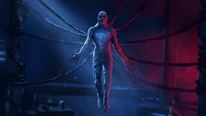 Vecna Floating in Dark Chamber with Tendrils and Red Blue Lighting HD wallpaper