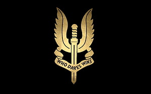 Golden SAS Dagger Emblem with Wings and Who Dares Wins Motto on Black Background HD wallpaper