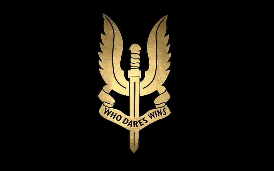 Golden SAS Dagger Emblem with Wings and Who Dares Wins Motto on Black Background HD wallpaper