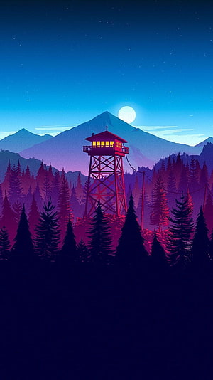 Illustrated Fire Lookout Tower in Pine Forest at Night with Moonlit Mountains HD phone wallpaper