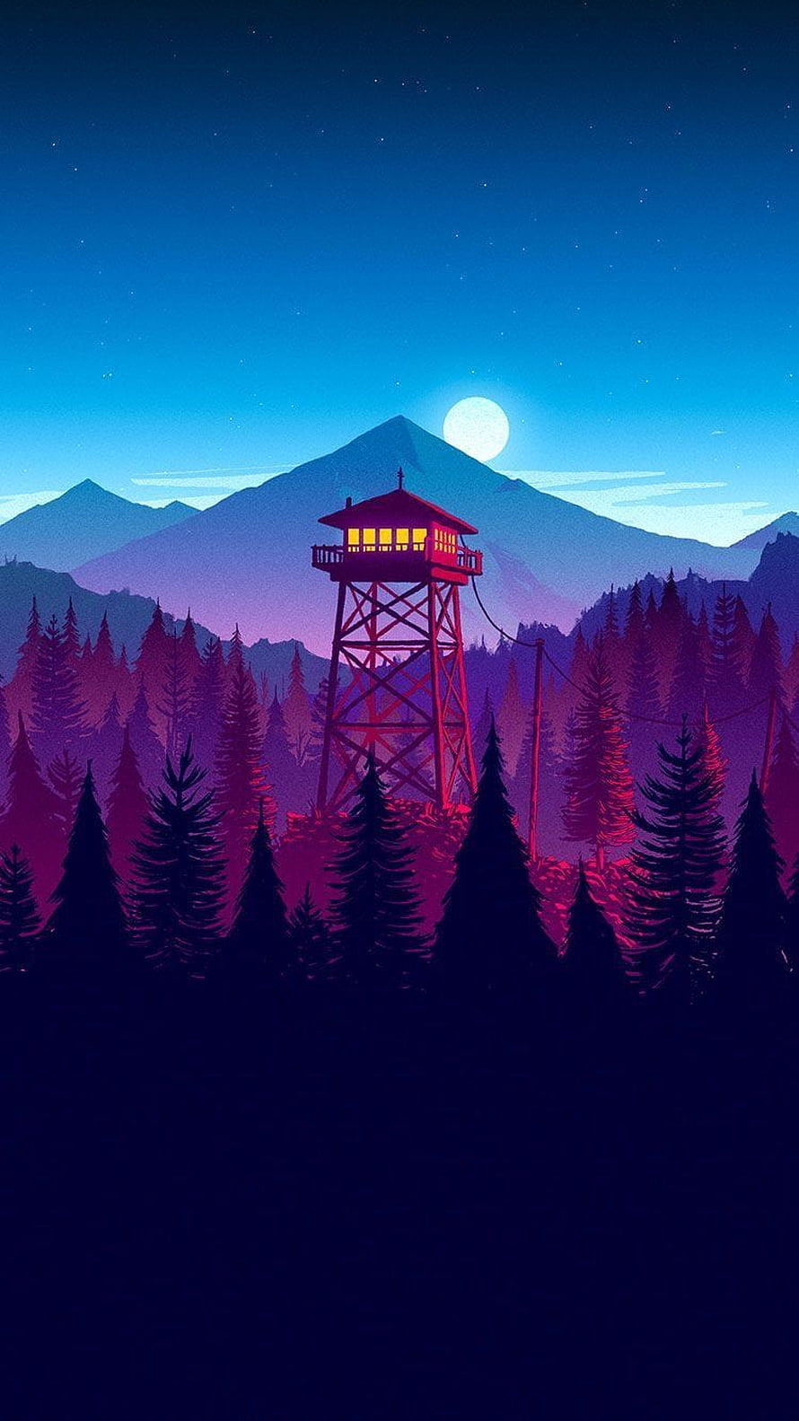Illustrated Fire Lookout Tower in Pine Forest at Night with Moonlit Mountains HD phone wallpaper