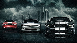 Dodge Challenger, Chevrolet Camaro, and Ford Mustang Shelby GT500 in Stormy City HD wallpaper