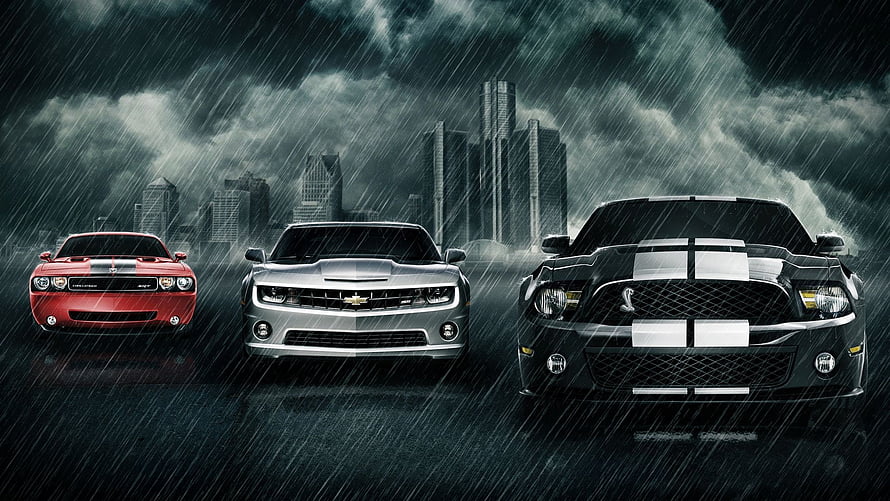 Dodge Challenger, Chevrolet Camaro, and Ford Mustang Shelby GT500 in Stormy City HD wallpaper