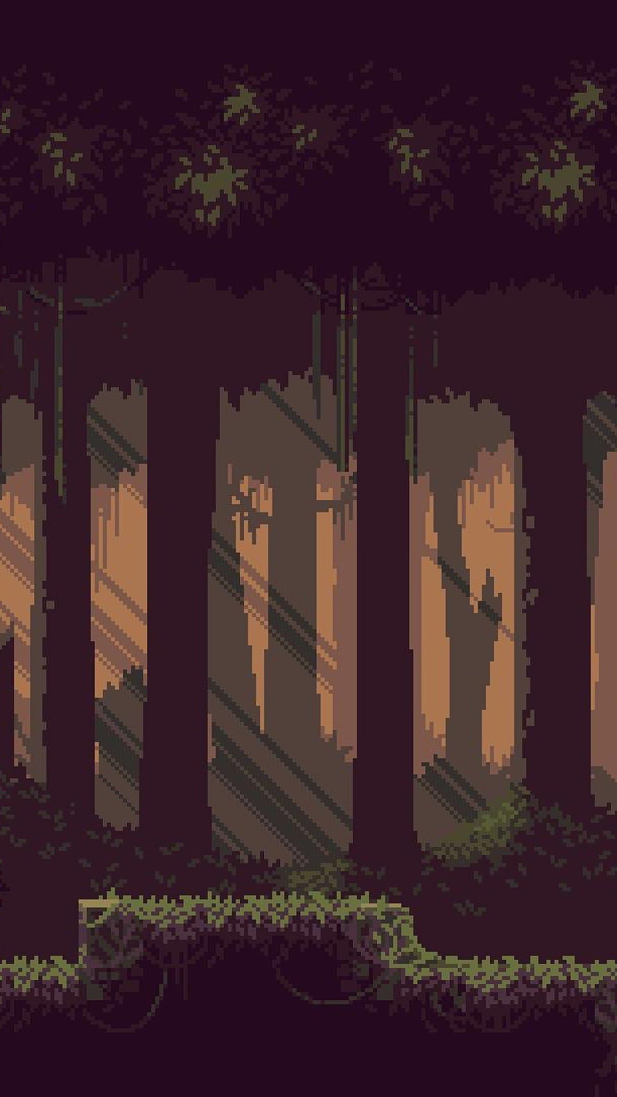 Pixel Art Forest Scene With Tall Trees And Mossy Ground HD phone wallpaper