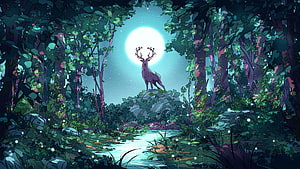Mystical Stag Silhouetted Against Full Moon in Enchanted Forest HD wallpaper