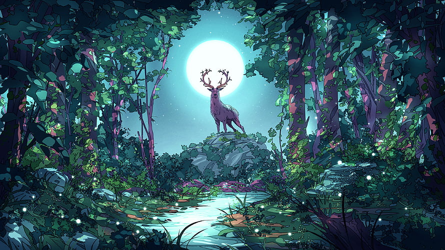 Mystical Stag Silhouetted Against Full Moon in Enchanted Forest HD wallpaper