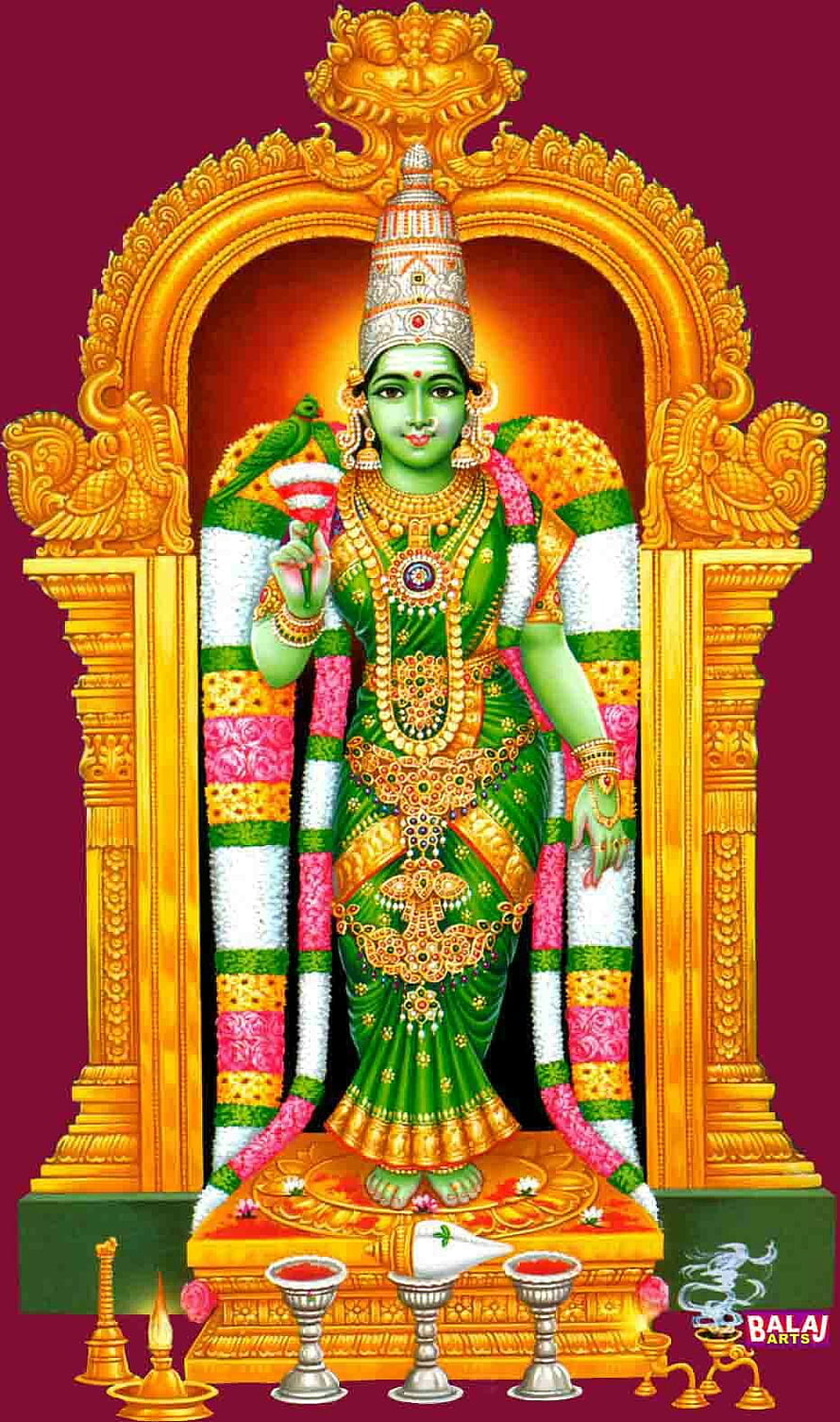 Meenakshi Amman Temple Deity Illustration in Green Saree with Gold Jewelry and Ornate Arch, Madurai meenakshi Amman. Hindu deities, Deities HD phone wallpaper