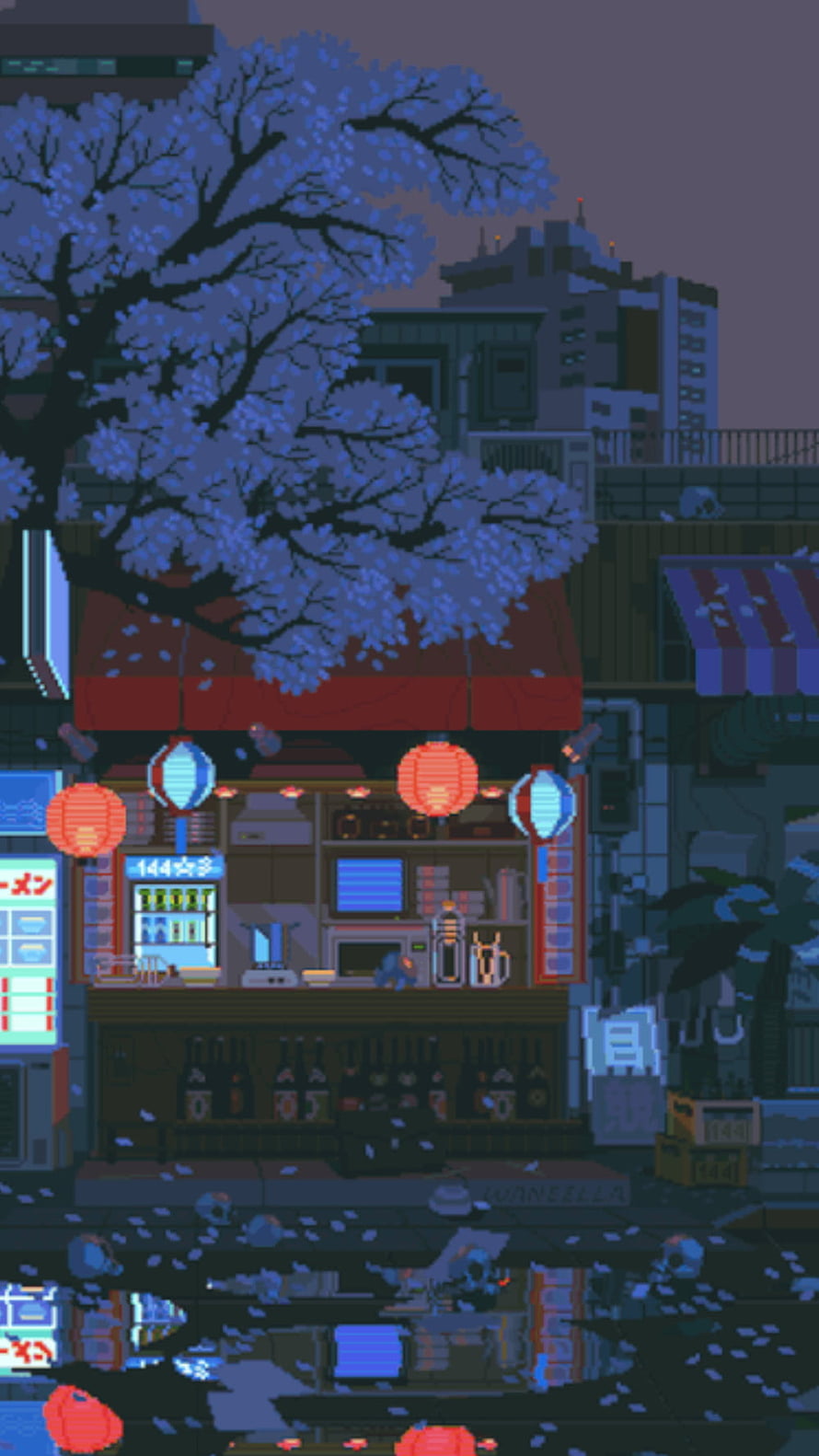 Pixel Art Japanese Street Scene with Cherry Blossoms and Lanterns at Night HD phone wallpaper