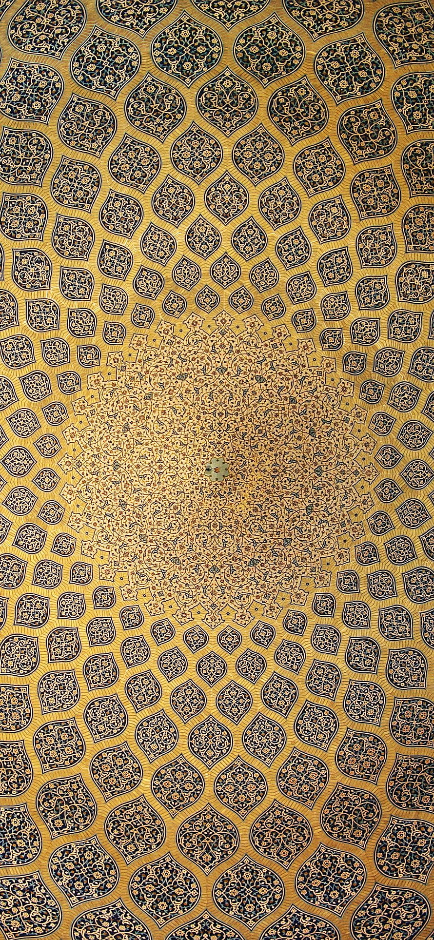 Intricate Islamic Geometric Dome Ceiling Pattern in Gold and Blue HD phone wallpaper