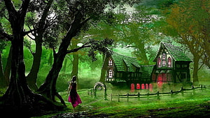 Mystical Forest Cottage with Girl in Red Dress and Glowing Windows HD wallpaper