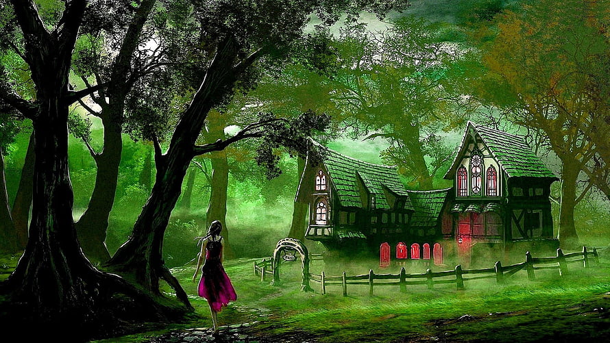Mystical Forest Cottage with Girl in Red Dress and Glowing Windows HD wallpaper