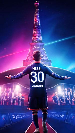 Lionel Messi in PSG kit with arms outstretched facing the illuminated Eiffel Tower at night HD phone wallpaper