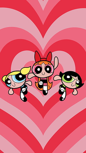 Powerpuff Girls Flying Through Layered Pink Heart Pattern Background HD phone wallpaper