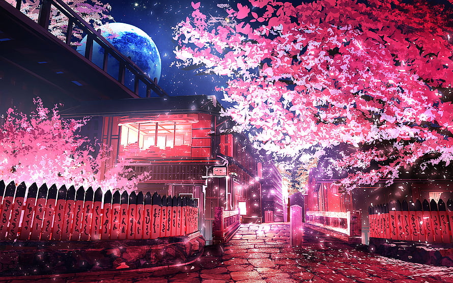 Neon-lit Kyoto street at night with glowing cherry blossoms, red lanterns, and a large moon in a stylized anime cityscape HD wallpaper
