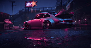 Porsche 911 Widebody in Neon Lit Rainy City Street at Night HD wallpaper