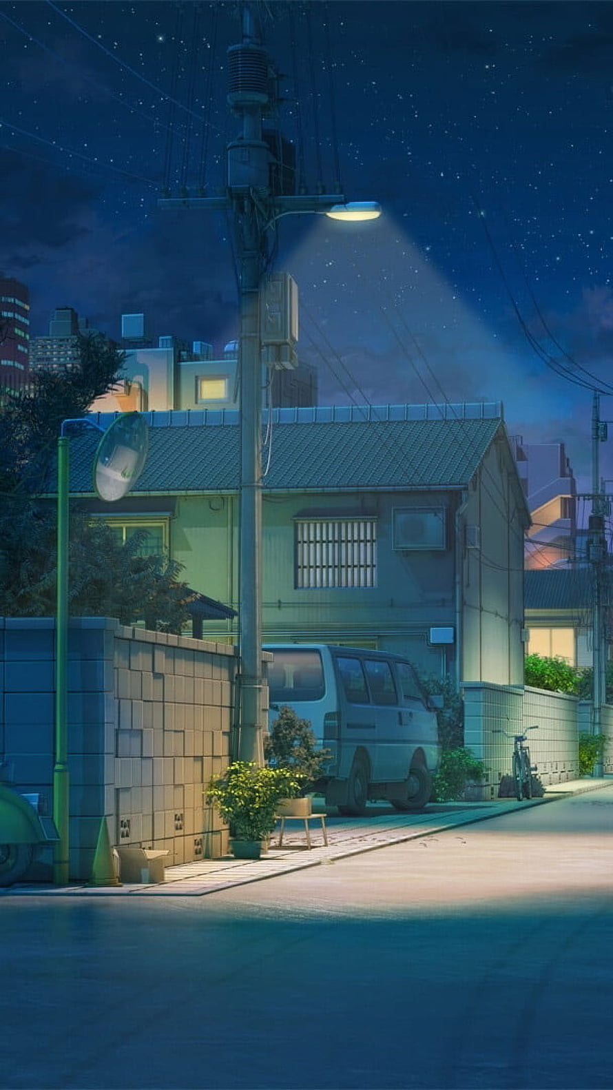 Serene Japanese Residential Street at Night with Streetlamp and Starry Sky HD phone wallpaper