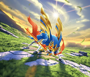 Shiny Zacian Crouching on a Grassy Stone Path in a Golden Sunset Landscape HD wallpaper