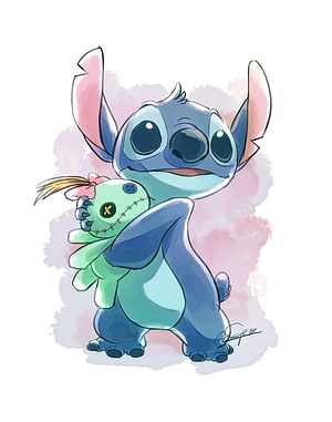 Cute Stitch Hugging Green Doll Digital Art Wallpaper HD phone wallpaper