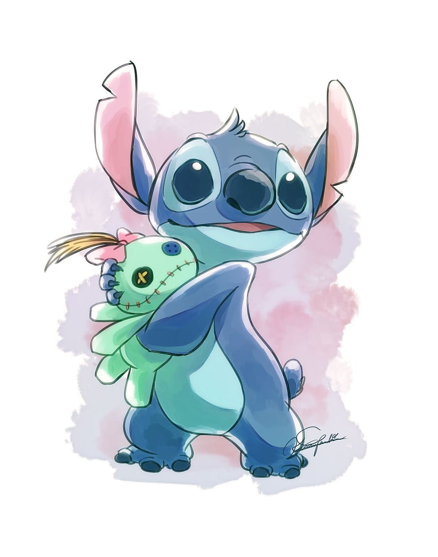 Cute Stitch Hugging Green Doll Digital Art Wallpaper HD phone wallpaper
