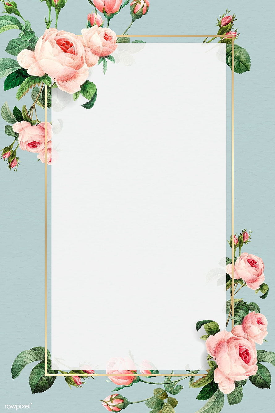 Elegant Pink Rose Floral Border with Gold Frame on Blue Background HD phone wallpaper