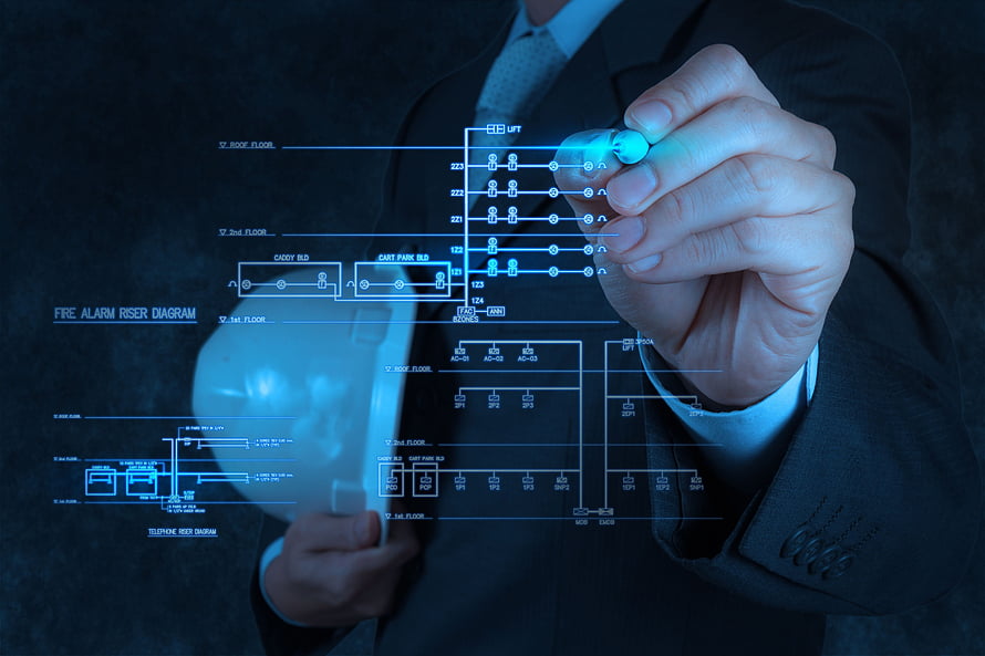 Engineer Analyzing Digital Fire Alarm Riser Diagram Blueprint HD wallpaper