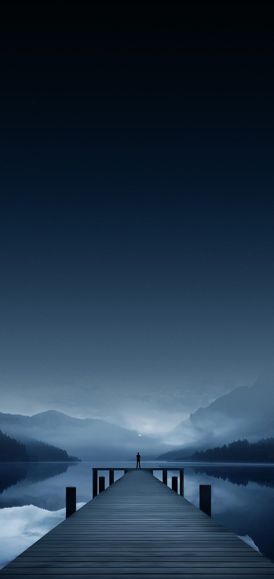 Solitary Figure Standing on Wooden Pier Over Misty Lake at Dusk HD phone wallpaper