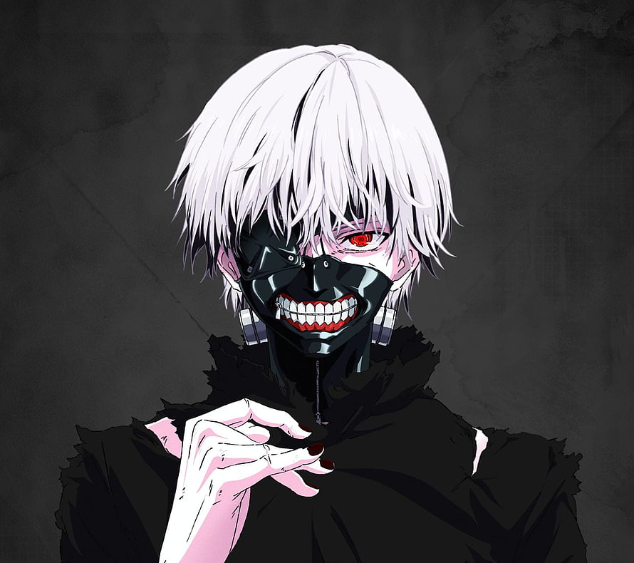 Kaneki Ken from Tokyo Ghoul with white hair and black mask in dark anime style HD wallpaper