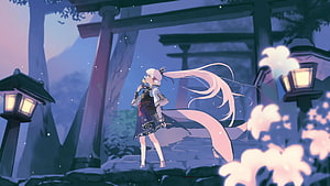 Genshin Impact Shenhe Anime Wallpaper - Serene Shrine Scene at Dusk HD wallpaper