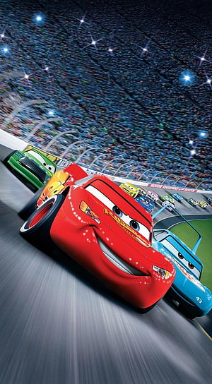 Lightning McQueen Leading the Pack in a High-Speed Race at the Piston Cup HD phone wallpaper