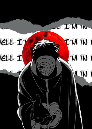 Obito Uchiha in Akatsuki Cloak with Spiral Mask and Red Moon HD phone wallpaper