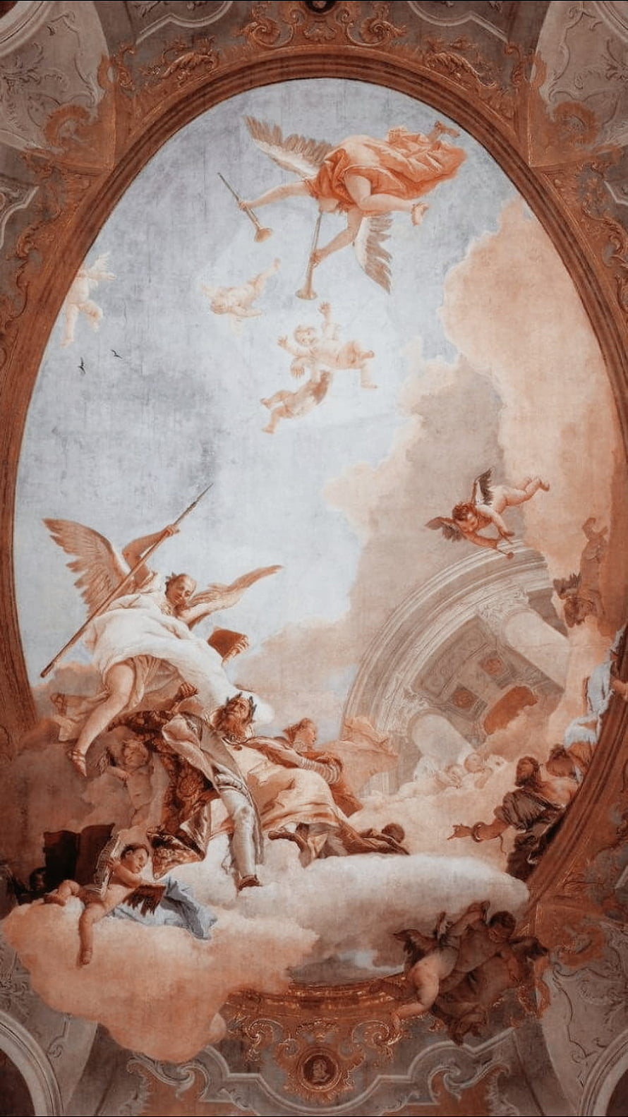 Baroque Ceiling Fresco with Winged Angels and Clouds in an Ornate Oval Frame HD phone wallpaper