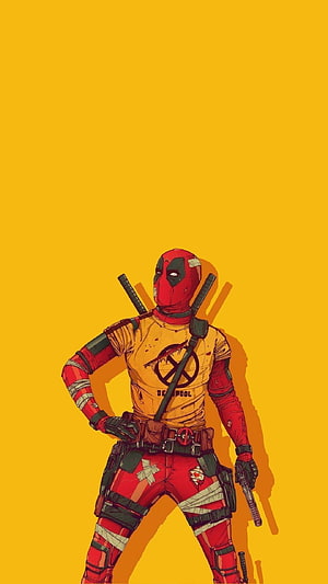 Deadpool in Yellow T-Shirt and Red Suit with Bandages and Swords on Yellow Background HD phone wallpaper