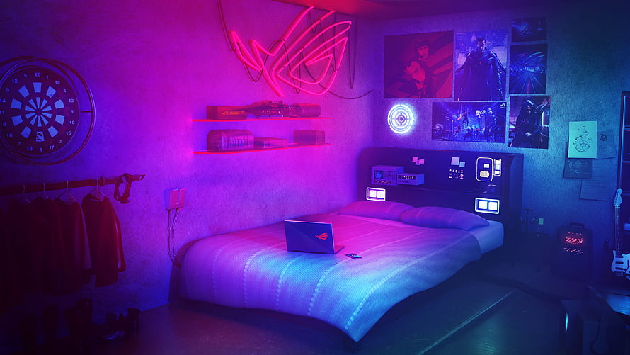 Neon-lit gaming bedroom with RGB lighting, dartboard, and cyberpunk aesthetic HD wallpaper