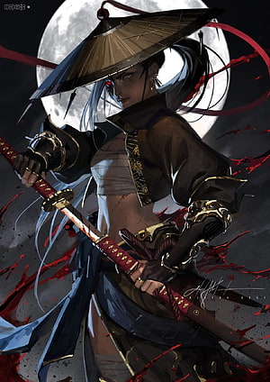 Anime Female Samurai Warrior With Katana Under Full Moon HD phone wallpaper