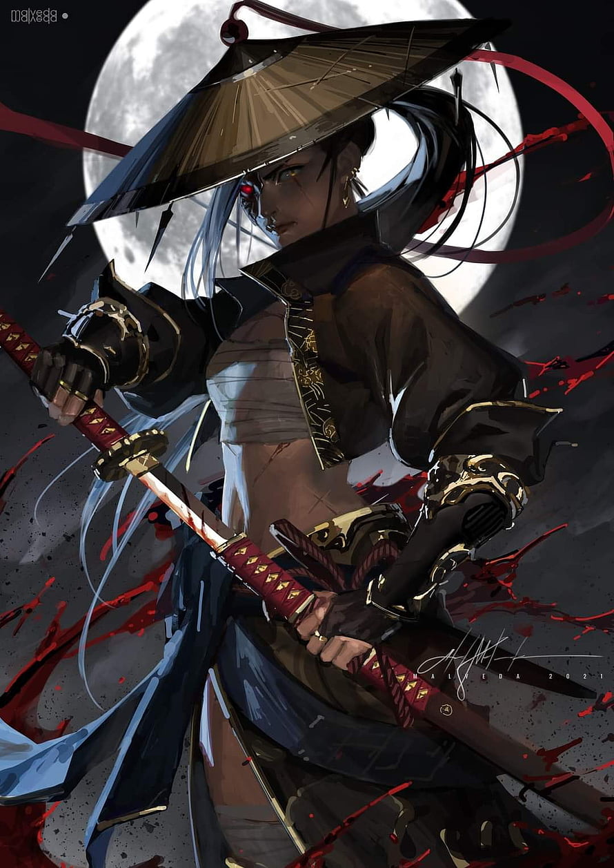Anime Female Samurai Warrior With Katana Under Full Moon HD phone wallpaper