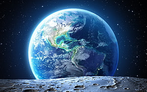 Planet Earth Viewed From The Moon Surface With Starry Space Background HD wallpaper