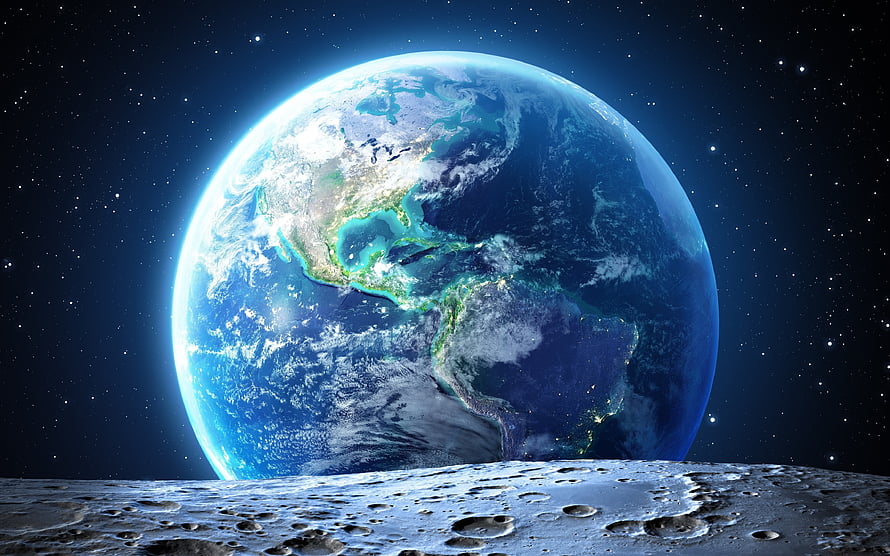Planet Earth Viewed From The Moon Surface With Starry Space Background HD wallpaper