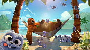 Grizzy and the Lemmings World Tour: Bear Relaxing in Tropical Hammock HD wallpaper