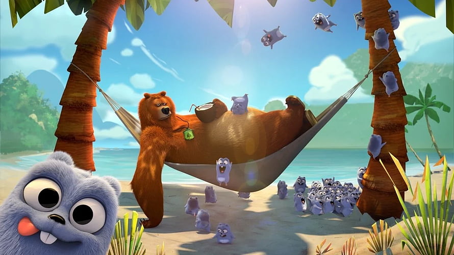 Grizzy and the Lemmings World Tour: Bear Relaxing in Tropical Hammock HD wallpaper