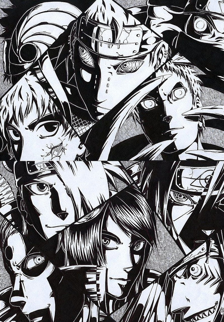 Naruto Shippuden Akatsuki Members Black And White Manga Artwork, Uchiha Itachi, Konan, Deidara, Sasori, Pain, And 5 - Akatsuki Black And White HD phone wallpaper